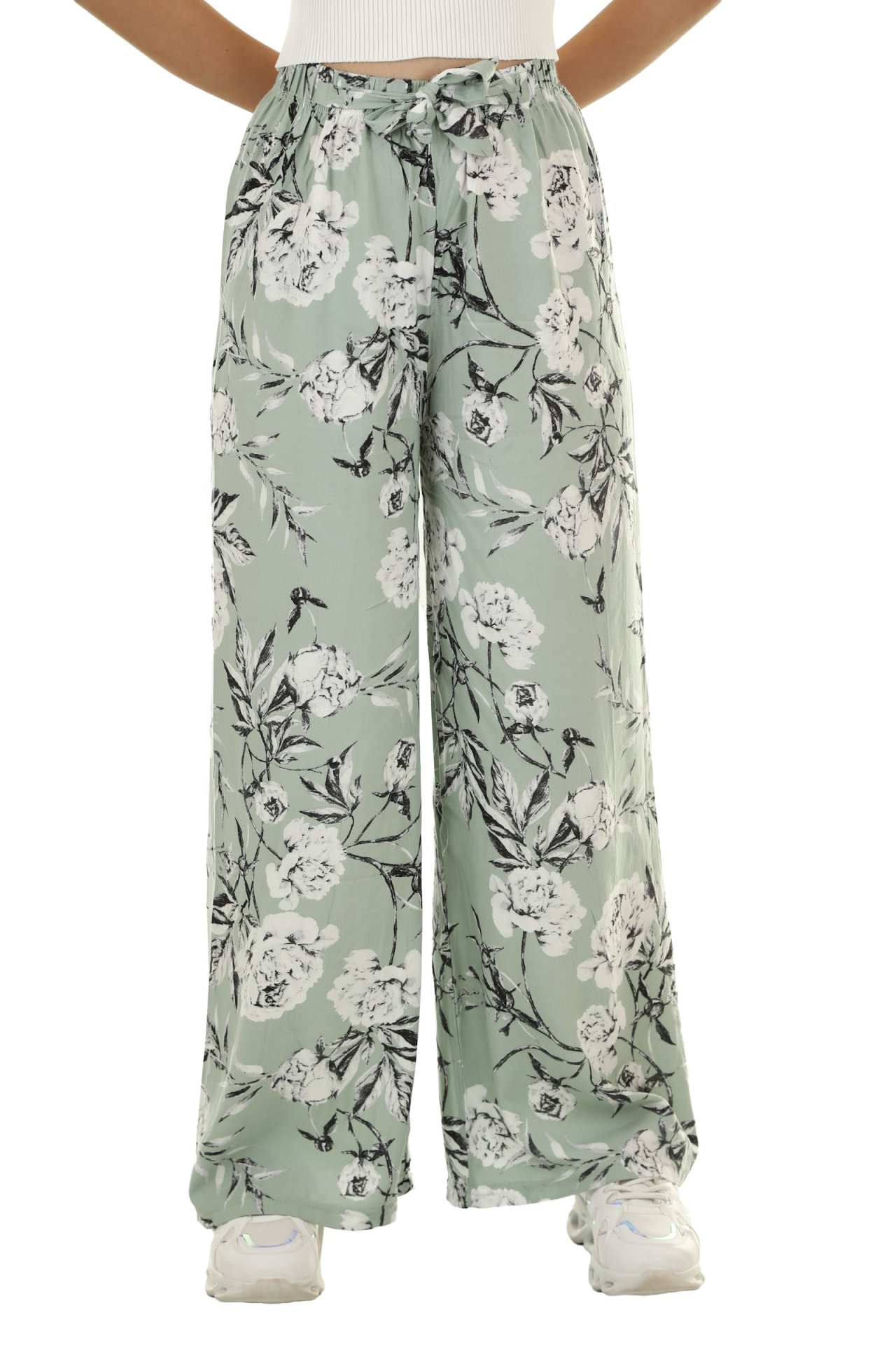 Mint yeşili çiçek desenli bol pantolon